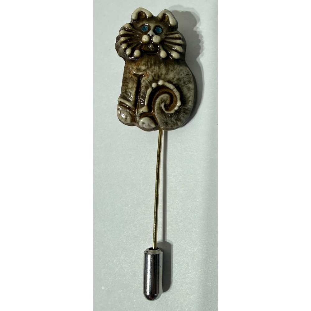 Vintage Handmade Ceramic Cat Stick Pin Brown Glazed Blue Eyes Lapel Hat Pin